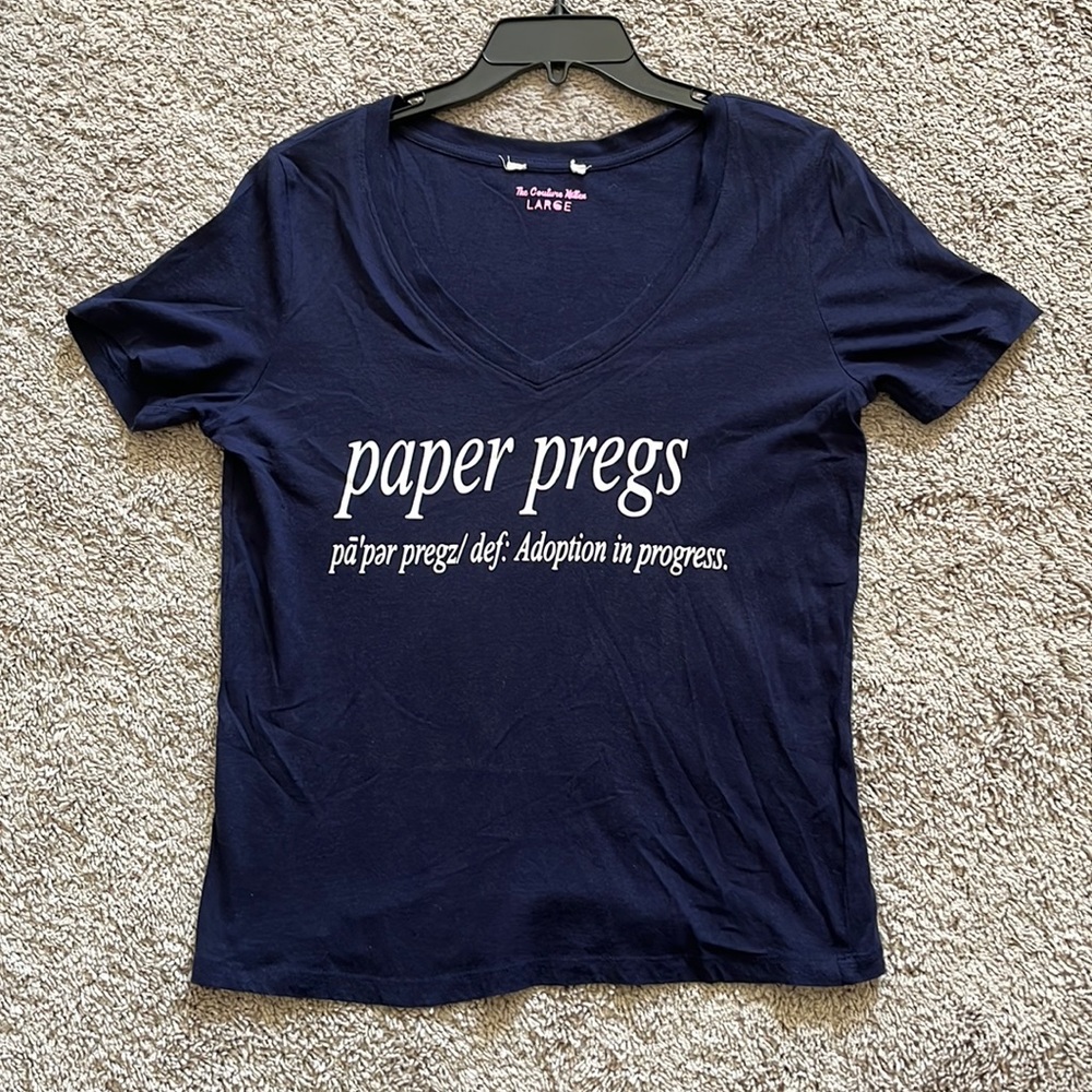Navy v-neck t-shirt adoption announcement